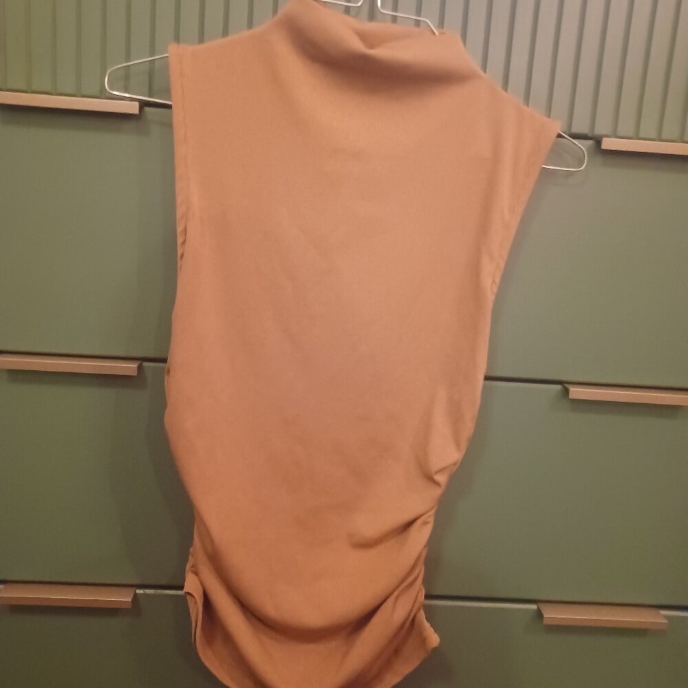 Tan/nude tank! Fitted, stretchy, mock neck, micro ribbed, full length, side ruch